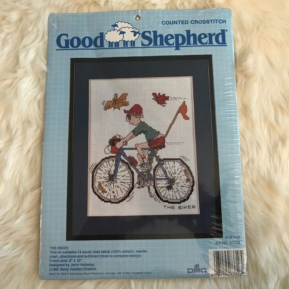 New vintage Good Shepherd counted cross stitch kit The Biker #83718
